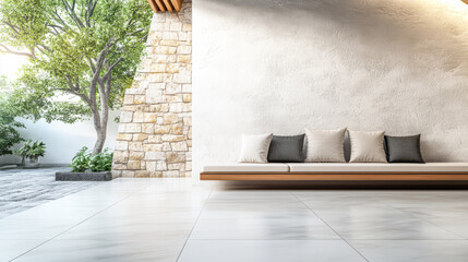Modern interior design featuring a cozy seating area with natural lighting and greenery