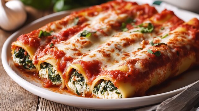 Homemade stuffed ricotta and spinach manicotti