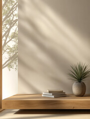 Minimalist interior with natural light and plant on wooden shelf