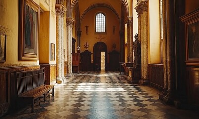 Fototapeta premium Sunlit church hallway with checkered floor, pew, pillars, paintings, and statues.