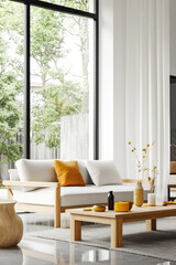 Modern living room with light decor and natural elements for a cozy ambiance