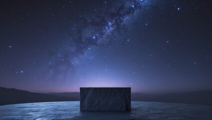 Dark stone podium under a starry night sky