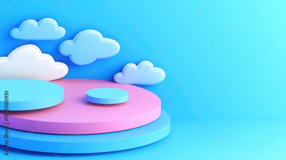 Poster abstract visuals of circular elements with clouds in a blue background