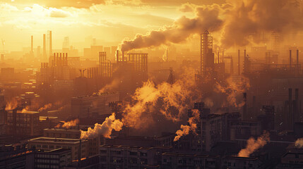 Fototapeta premium Cityscape covered in thick orange smoke, industrial pollution and environmental impact