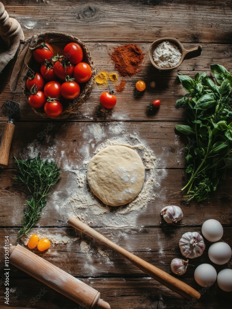 Leinwandbilder fresh ingredients and rustic tools on a kitchen table ready for dough preparation in a warm inviting