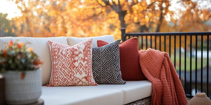 A couch with pillows and a blanket on it
