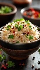 A bowl of rice with parsley and pepper