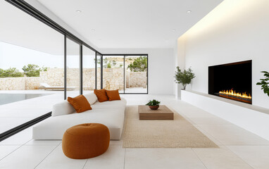 Modern living room with minimalist design and large windows overlooking outdoor space