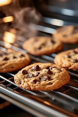 A tray of chocolate chip cookies is on a metal rack