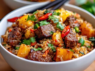 A bowl of rice with meat and vegetables