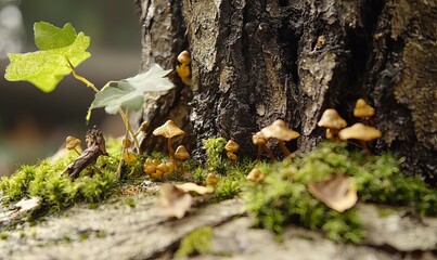 Tiny mushrooms and moss growing on a tree trunk in a forest.