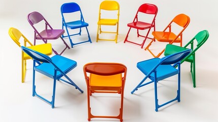 A group of colorful folding chairs arranged in a semicircle, ready for a small group discussion, on a white background.