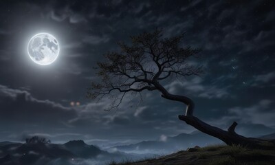 A solitary tree branch stretches towards the moonlit night sky, tree branch, branches