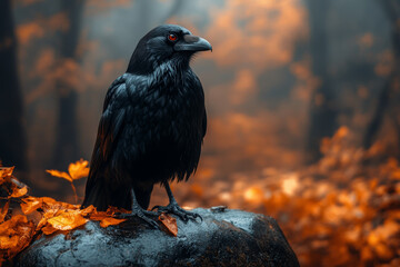 Fototapeta premium Dark Raven Perched on a Rock in a Foggy Autumn Forest