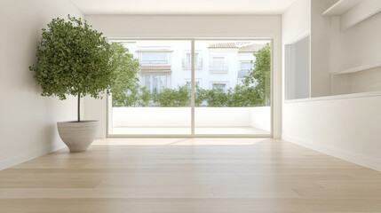 Fototapeta premium Bright and airy room with greenery and large windows in modern interior design