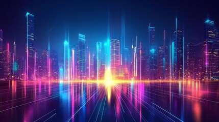 Fototapeta premium Futuristic cityscape with glowing neon lights and skyscrapers,