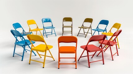 A group of colorful folding chairs arranged in a semicircle, ready for a small group discussion, on a white background.