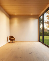 Fototapeta premium Minimalist interior design with a single chair and large windows in a serene setting