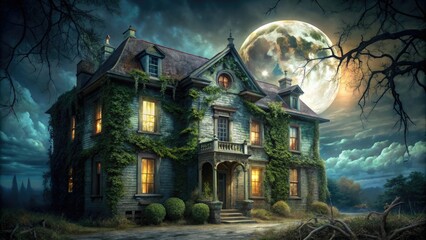 Fototapeta premium A spooky old mansion with a full moon hanging low in the sky and vines crawling up its facade, spooky, eerie landscape, haunted house, creepy atmosphere