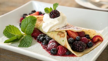 A delicate crepe filled with sweet mixed berries and topped with a generous helping of sour cream and fresh mint leaves in a shallow dish, food in dish, fruit filling, shallow dish