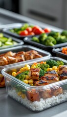 A container of food with chicken, broccoli, corn, and tomatoes