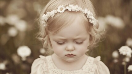 Adorable toddler girl with daisy crown, pensive expression.