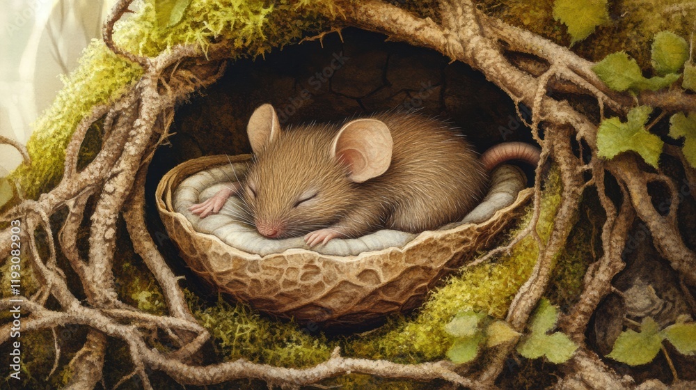 Poster small mouse rests peacefully in a cozy nest nestled among moss and twigs in a woodland setting durin