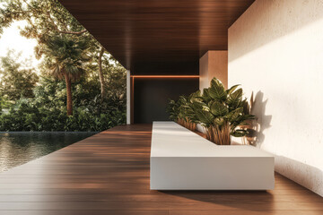 Fototapeta premium Modern patio design with minimalist bench by tranquil water body in lush greenery during sunset