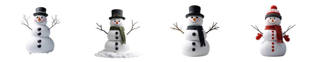Collection of snowman isolated on a white background as transparent PNG
