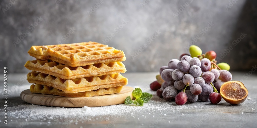 Aufkleber A delightful stack of golden waffles, dusted with powdered sugar, sits beside a cluster of sugared grapes and a fig slice on a rustic surface.