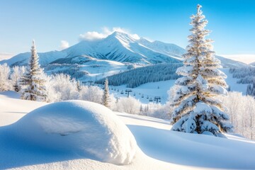 Obraz premium A winter scene in Park City, Utah, with snow-dusted mountains and ski lifts in the distance