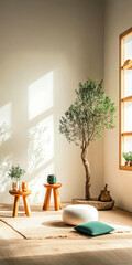 Fototapeta premium Cozy interior space featuring decorative plants and natural light in a serene setting