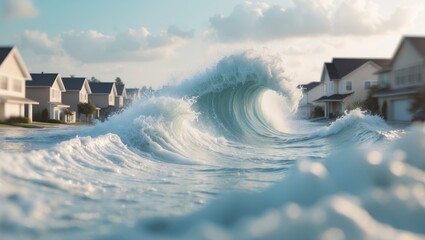 Massive tsunami wave crashing on a suburban neighborhood