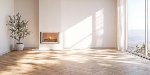Obraz premium Modern interior design featuring a bright airy room with a fireplace and natural light