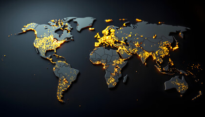 World map with night city lights. Planet earth with continents at night. Cities and technologies, craft clay, with white tones