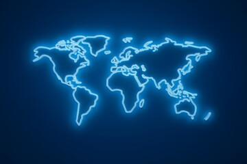 Obraz premium A minimalist glowing outline of the world map on a dark blue background.