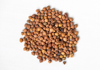 Top view of chickpeas (Cicer arietinum) isolated on a white background. Also known as gram, Bengal gram, chana, chola, or channa.