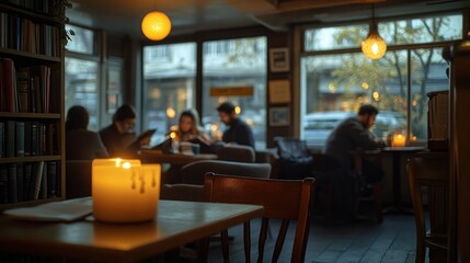 Warm candlelight illuminates cozy café, where patrons engage in