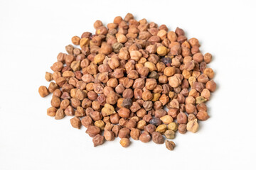 Pile of chickpeas (Cicer arietinum), also known as chola boot, gram, Bengal gram, chana, chhola, chhana, or channa, isolated on a white background.