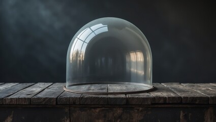 Empty glass dome on rustic wooden surface with dark background