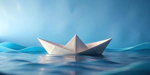 A delicate paper boat floats serenely on a calm, blue water surface, symbolizing hope and a journey ahead.