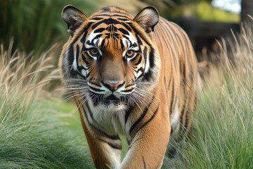 Obraz premium bengal tiger walking through tall grass its striking orange fur glowing in soft sunlight