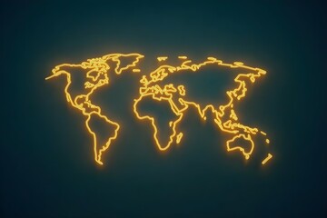 A minimalist glowing outline of the world map on a dark blue background.
