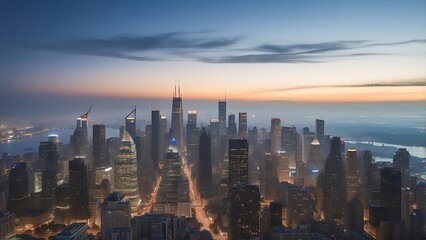 Obraz premium An aerial view of a hazy downtown cityscape at dusk, highlighting contemporary buildings and the metropolitan environment, lighted by city lights