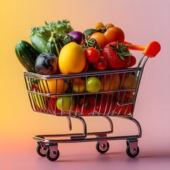 A miniature shopping cart loaded with fresh fruits and vegetables, placed on a soft gradient background.