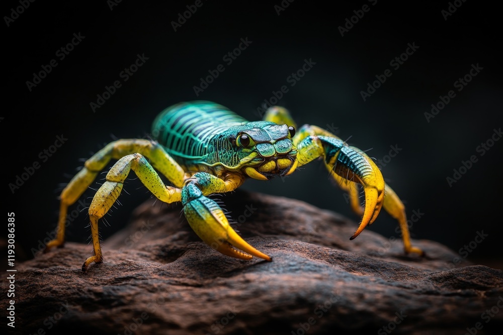 Poster an isolated scorpion glowing bright green under uv light in a pitch-black desert setting