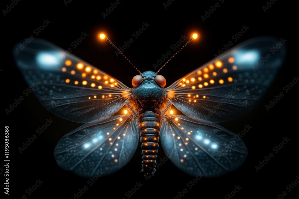 Poster An isolated insect glowing brightly under UV light, with its wings displaying intricate fluorescent patterns