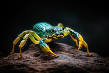 Fototapeta premium An isolated scorpion glowing bright green under UV light in a pitch-black desert setting