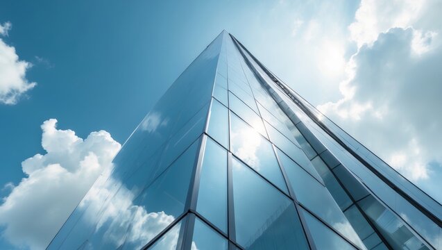 Low angle view of a modern glass skyscraper reflecting the blue sky and clouds