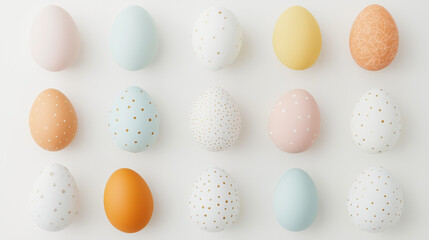Pastel Easter Eggs: A joyful arrangement of colorful Easter eggs in various pastel shades and patterns, meticulously arranged on a minimalist background, ready to celebrate the season.